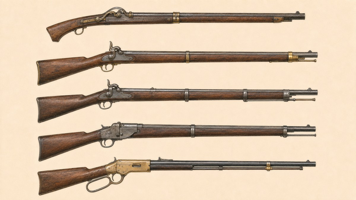 火縄銃から連発銃までの進化のイラスト