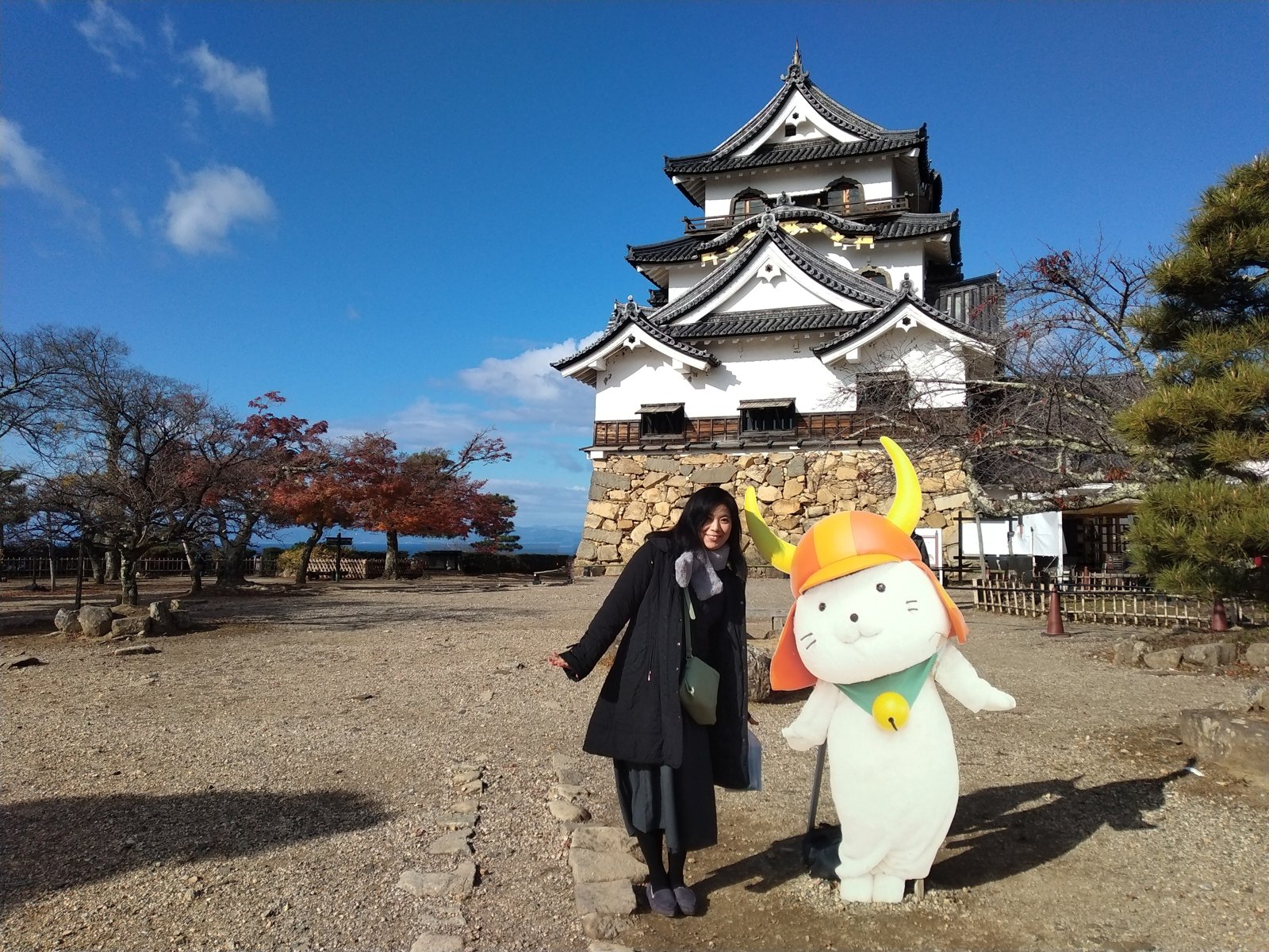 本丸にて。国宝天守の前に、ひこにゃんが出てくる