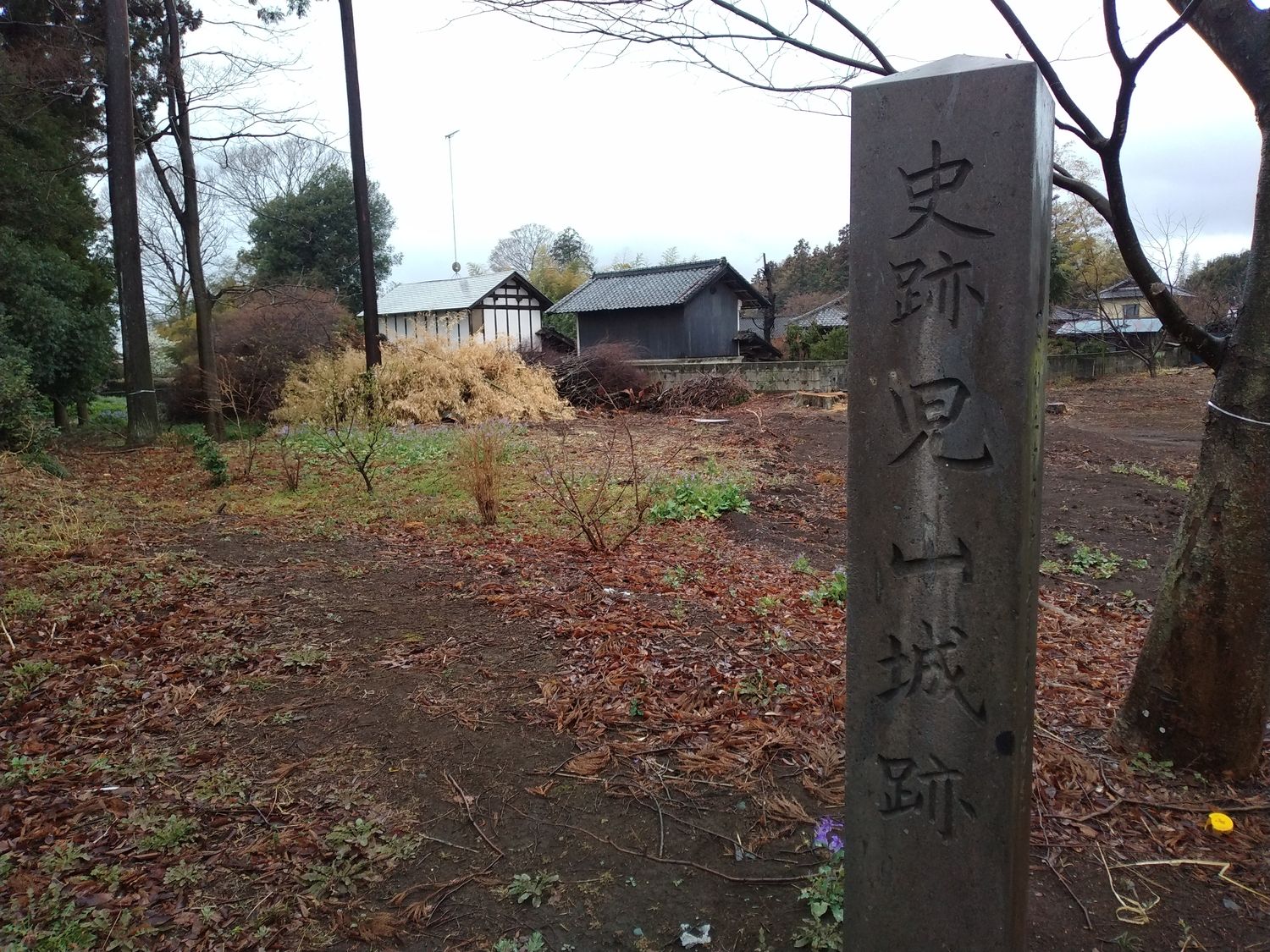 「史跡 児山城跡」の石柱。背後はもう住宅地である。