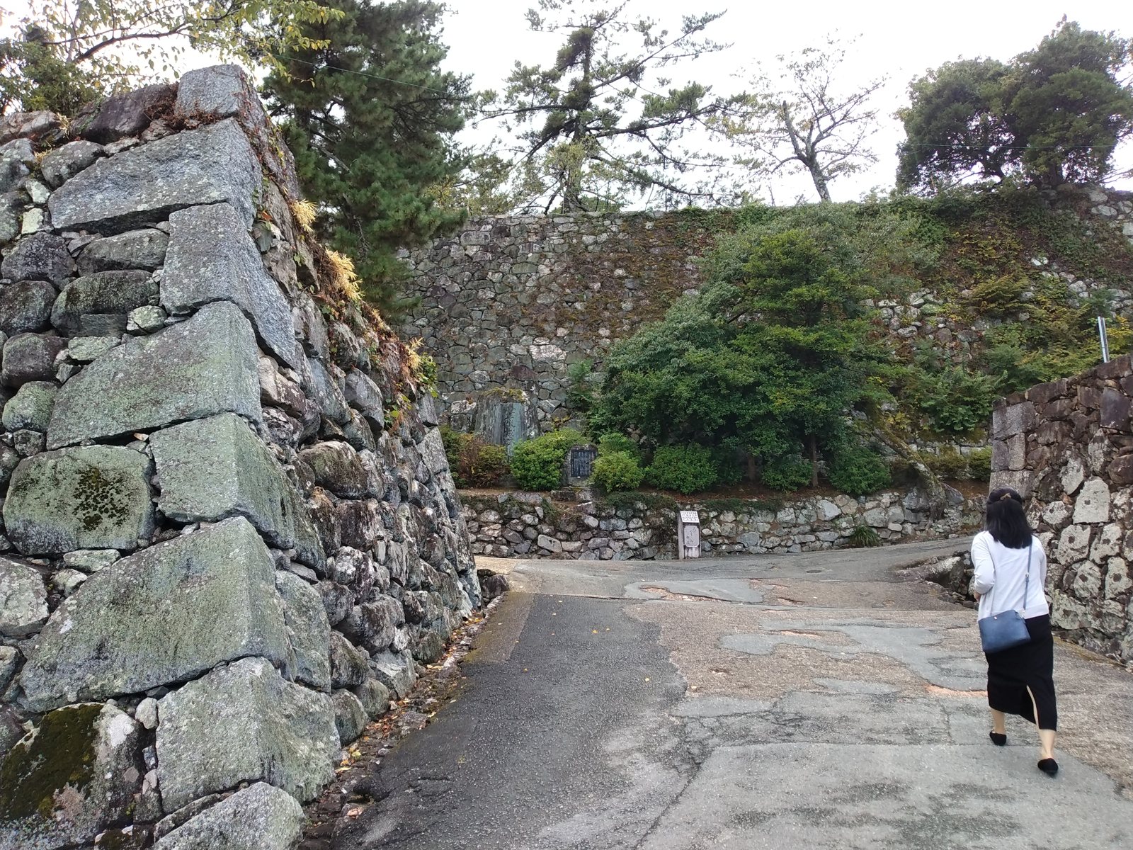 石垣にはさまれた坂道を上がっていく