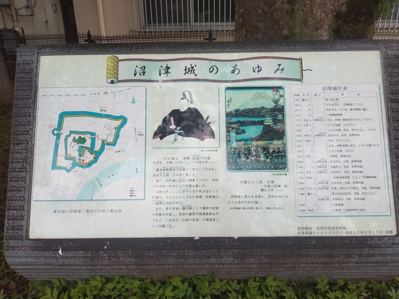 「沼津城のあゆみ」の説明板。右側の年表が、そのまま幕末史になっている