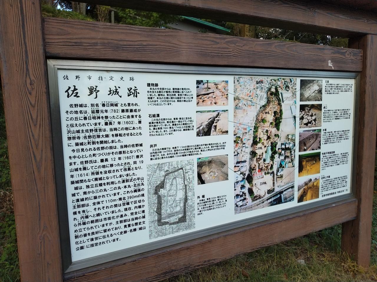 佐野城跡の案内板。発掘調査の成果が図示されている