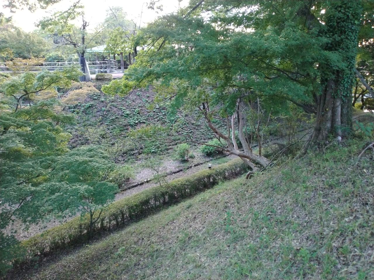 空堀ぞいに整えられた散策路。土塁の高低差がよくわかる