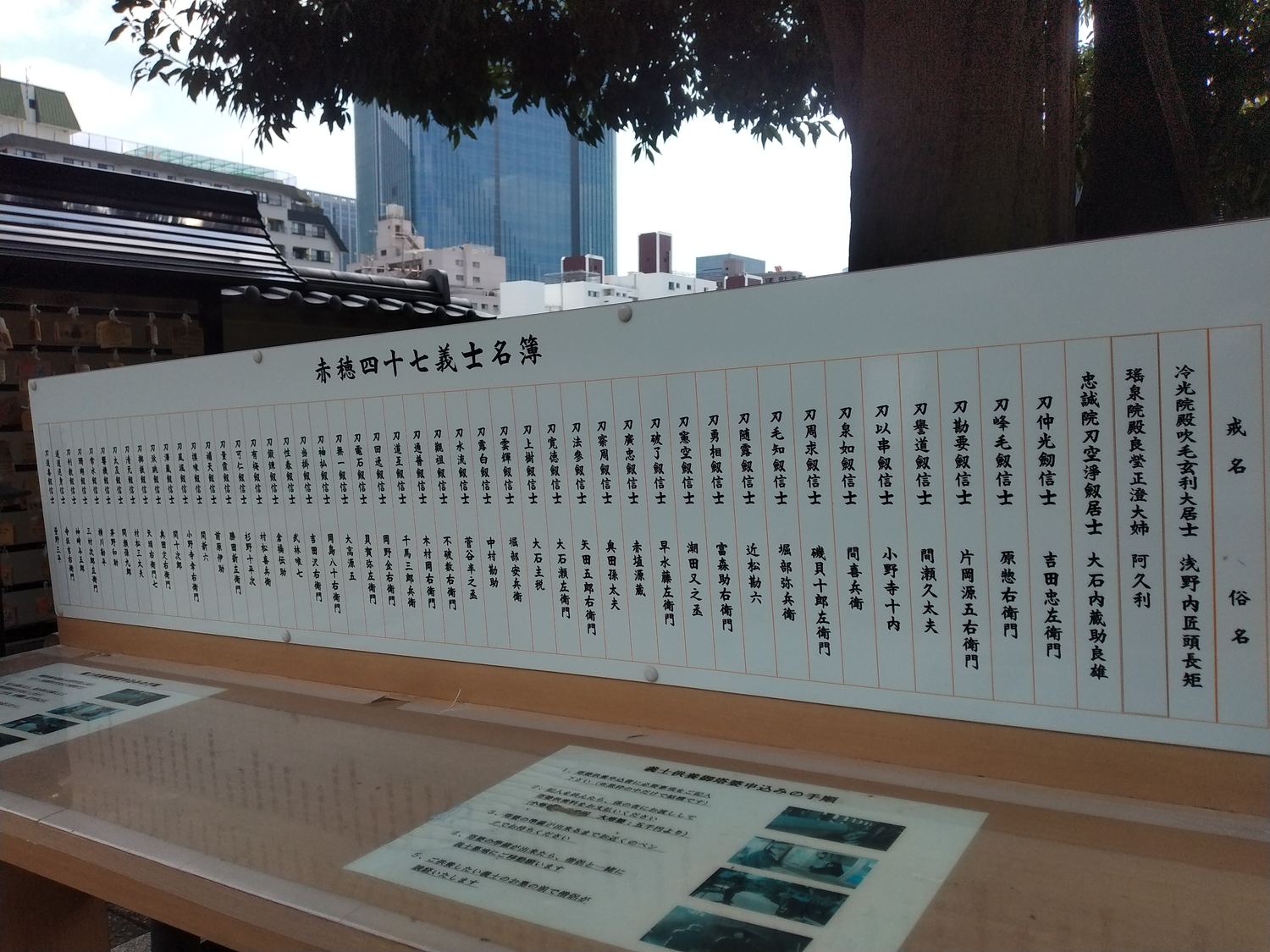 泉岳寺に掲げられた赤穂四十七義士の名簿。戒名と俗名が並んでいます。