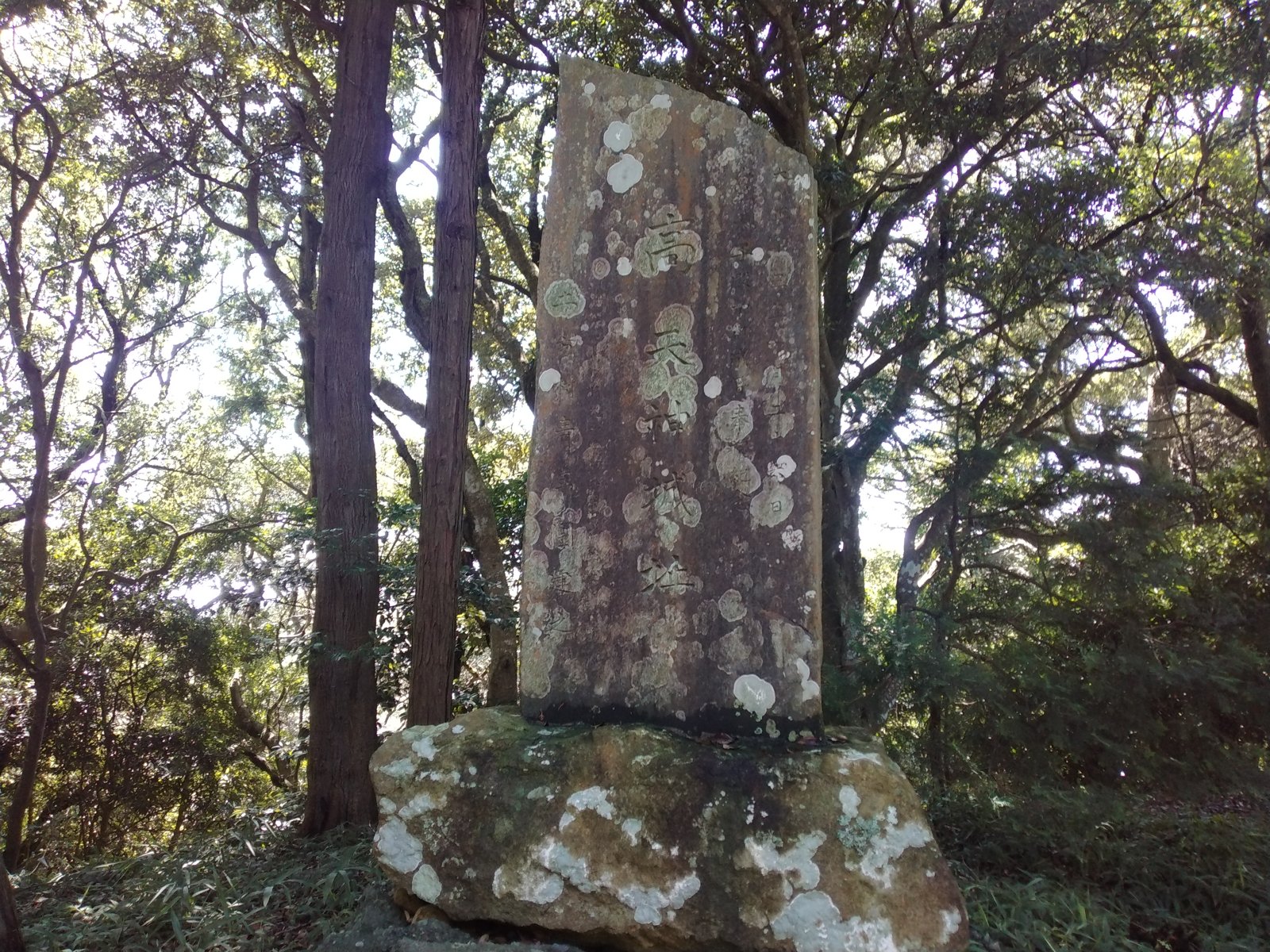 本丸付近に立つ苔むした石碑。表面は地衣類に覆われ、文字はほとんど読み取れない