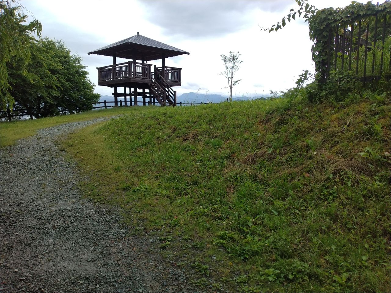 天童古城のあった舞鶴山。いまは展望台が立ち、晴れれば山形盆地を一望できる(この日は雨模様だった)
