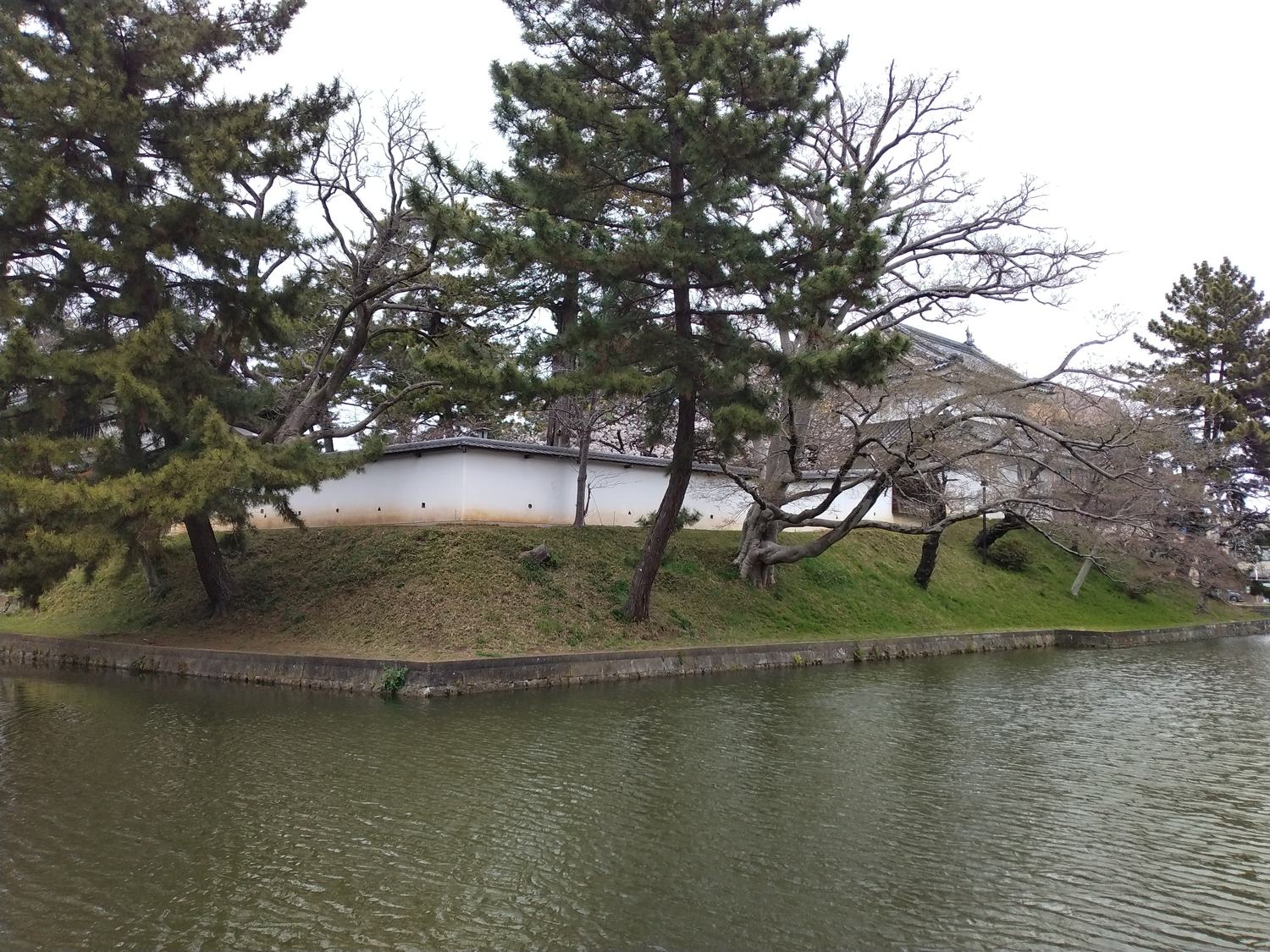 「本丸跡」の石柱と、桜の向こうの東櫓。