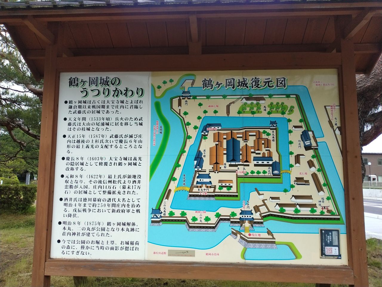 「鶴ヶ岡城のうつりかわり」復元図。もとは大宝寺城、最上氏を経て、酒井家が近世城郭として整えた。天守は上げず御三階櫓を構えた平城だった
