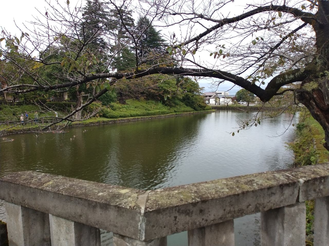 静かな水をたたえる米沢城の堀。いまは松が岬公園として市民に親しまれている