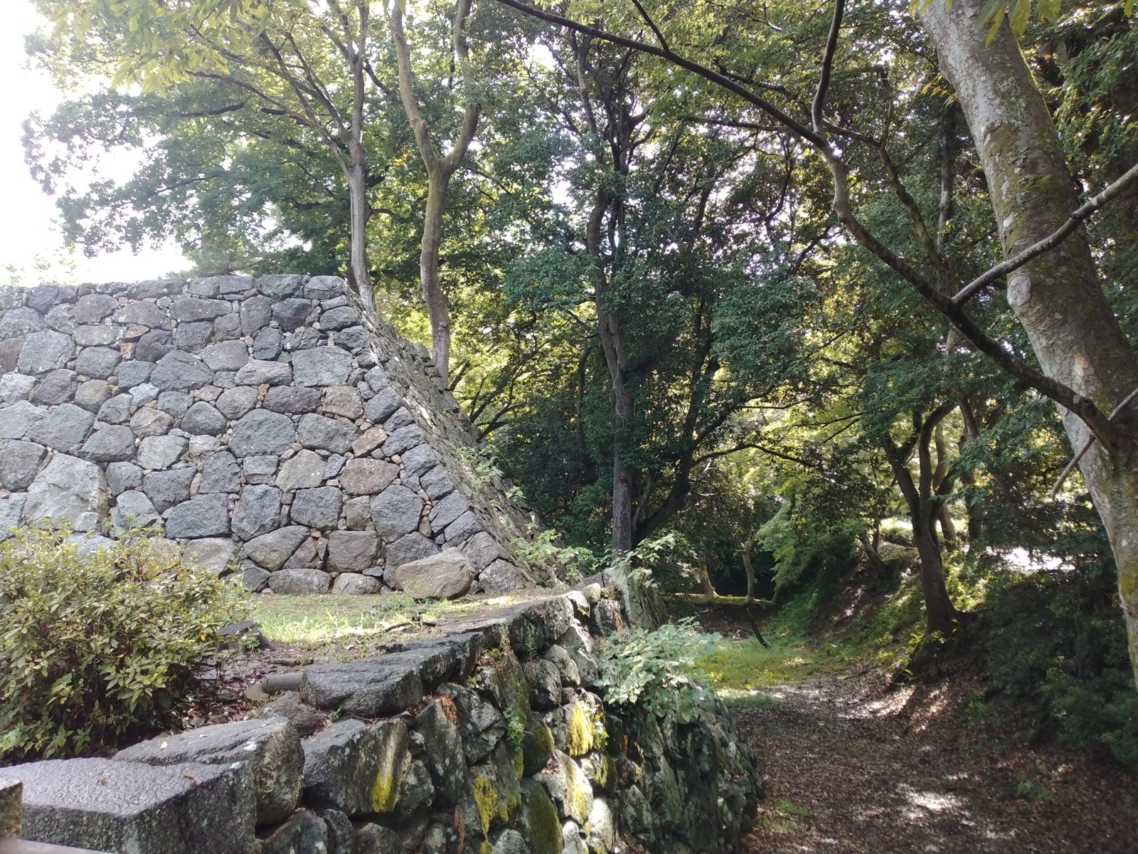 石垣の裾を回り込む道。城の北側は、そのまま豊川の河岸段丘になっている