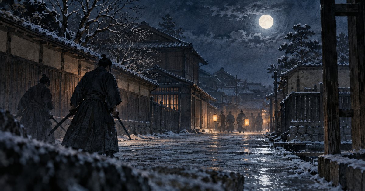 雪の積もる冬の月夜の京都の辻、刀を構える人影と提灯(油小路事件のイメージイラスト)