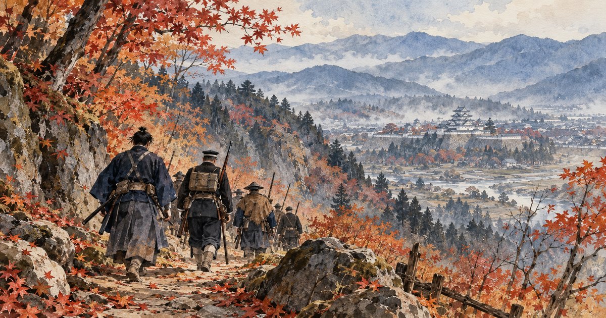 紅葉の峠道を進む兵たちと、遠くに見える鶴ヶ城(会津の新選組のイメージイラスト)