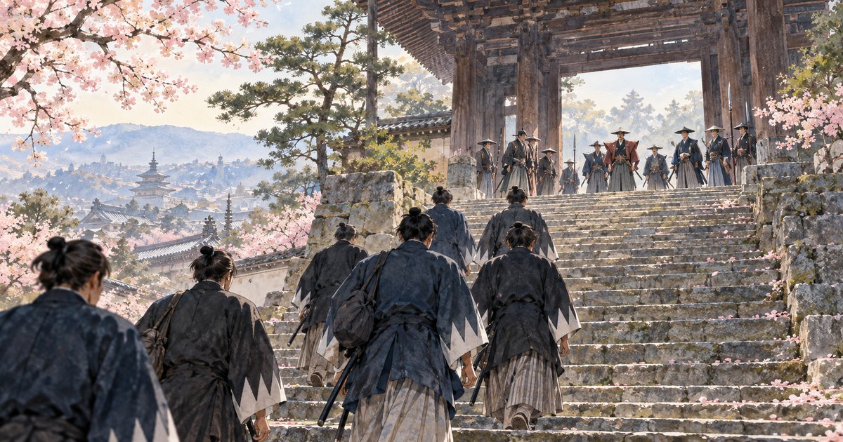 桜の咲く寺の石段を上がる羽織姿の浪士たちと、山門で迎える会津藩の武士(新選組と会津藩のイメージイラスト)
