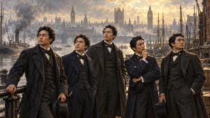 洋装でロンドンのテムズ川沿いに立つ長州ファイブの五人（イメージイラスト）