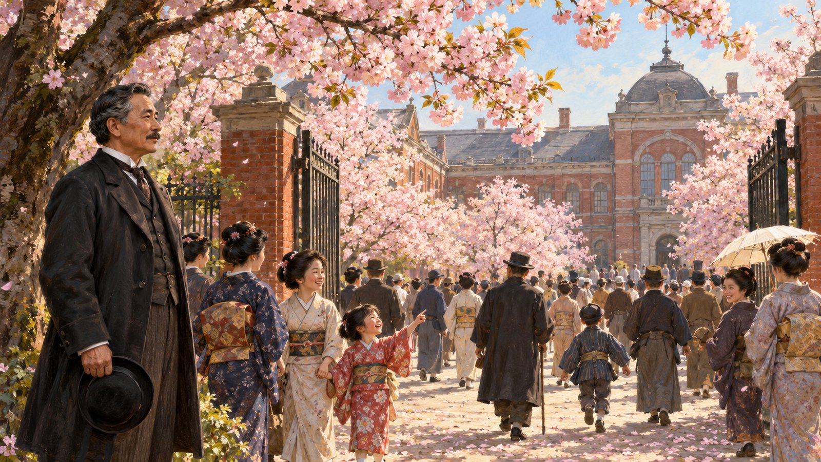造幣局構内の満開の桜の下を通り抜ける人々と、見守る遠藤謹助（イメージイラスト）