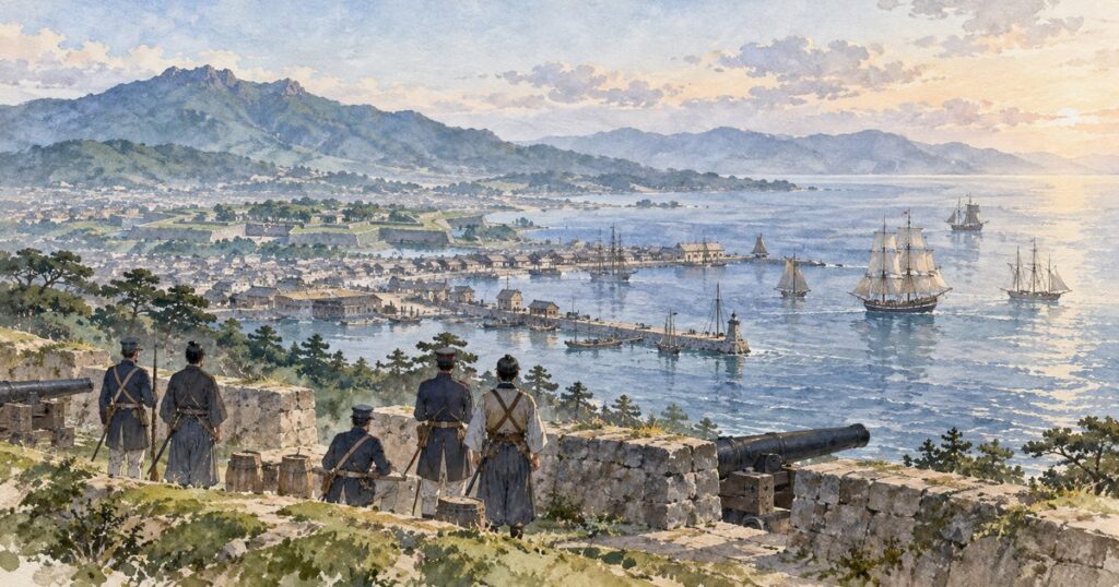 台場の大砲と帆船の浮かぶ港を見つめる洋装と和装の兵たち（箱館の新選組のイメージイラスト）