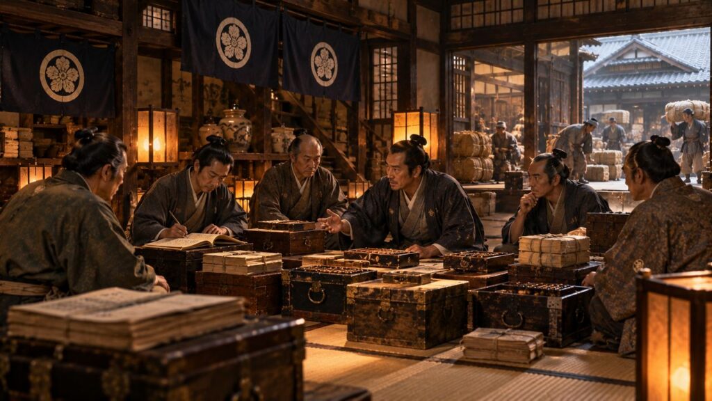 大坂の大店の帳場に集まる商人たち(イメージ)