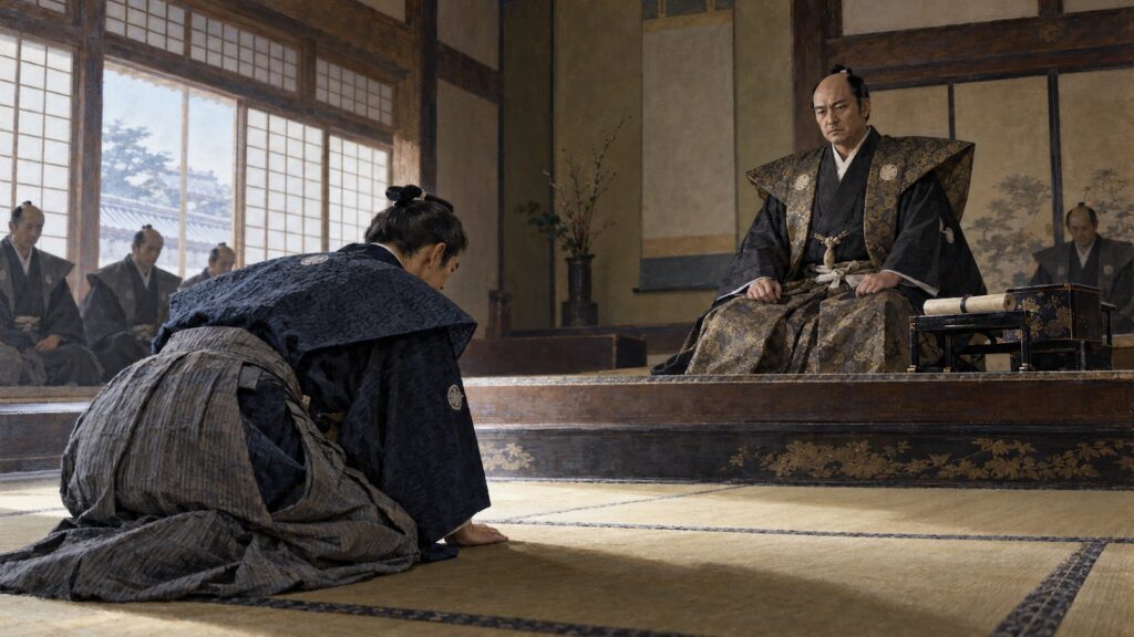 大老・井伊直弼の前で、遣米使節の目付を命じられる小栗忠順(イメージ)