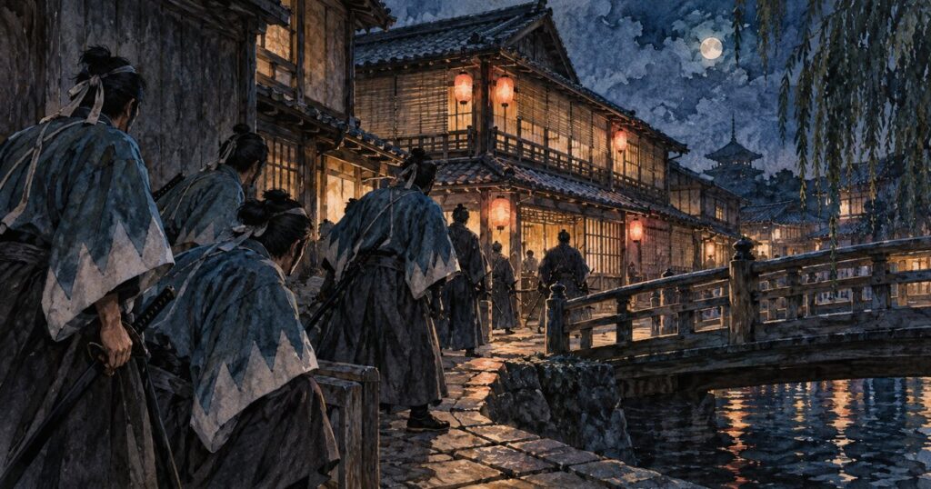 夜の三条小橋のたもと、提灯の灯る旅館の前に集まるだんだら羽織の隊士たち（池田屋事件のイメージイラスト）