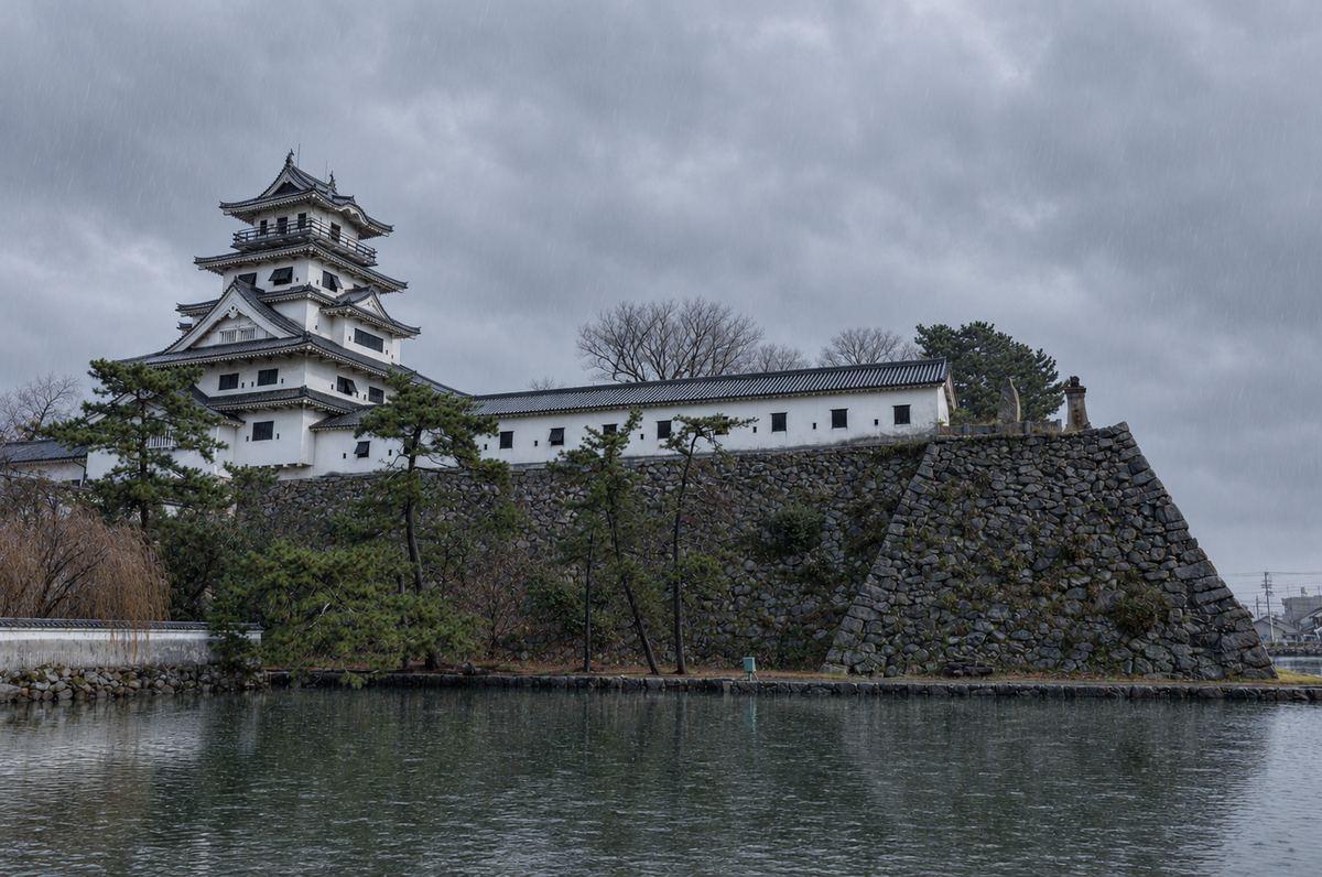 雨の内堀越しに見た今治城の石垣と天守・多聞櫓【幕末歴史ガイド】