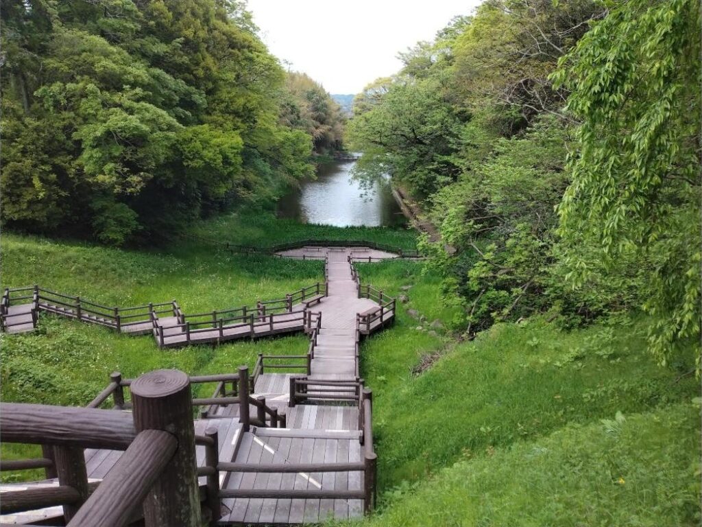 丹後沢へ下りる木の階段。丹後沢は磐城平城の堀の名残で、いまは丹後沢公園になっている