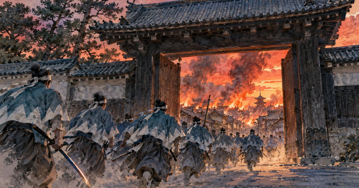 炎に包まれる京都へ大きな門をくぐって駆けつけるだんだら羽織の一団(禁門の変と新選組のイメージイラスト)
