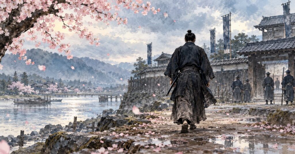 桜の散る川辺の陣屋を背に歩み出る武士の後ろ姿（近藤勇、最後の百日のイメージイラスト）