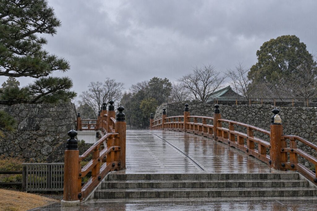 令和三年(2021年)に再建された極楽橋。雨に濡れた朱色の欄干が鮮やかでした