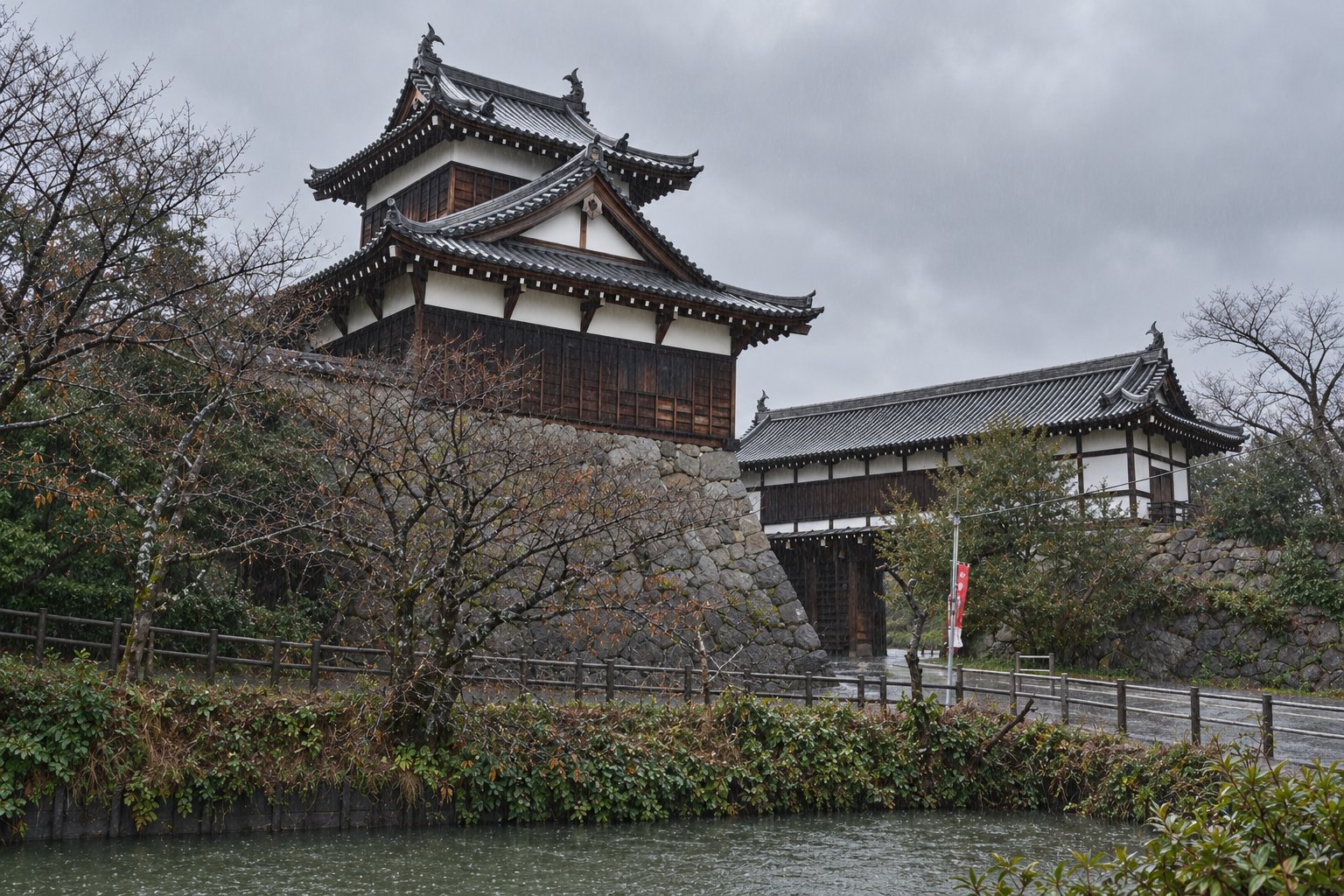 追手向櫓（左）と追手門（梅林門）。堀越しに見ると、復元とはいえ城の入口らしい構えです