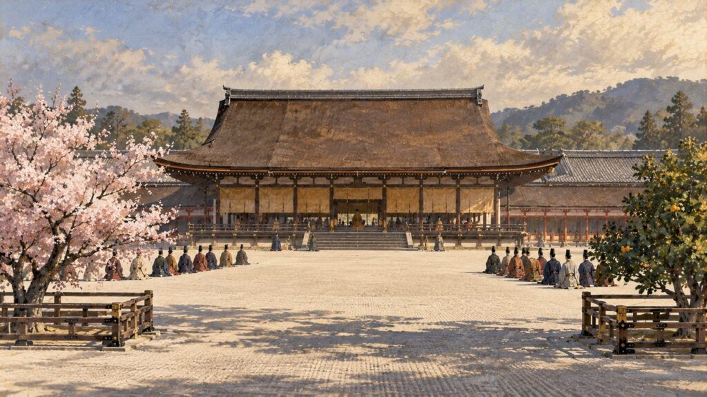 京都御所の紫宸殿と、前庭の白砂に二列に控える束帯姿の公家たち（イメージイラスト）