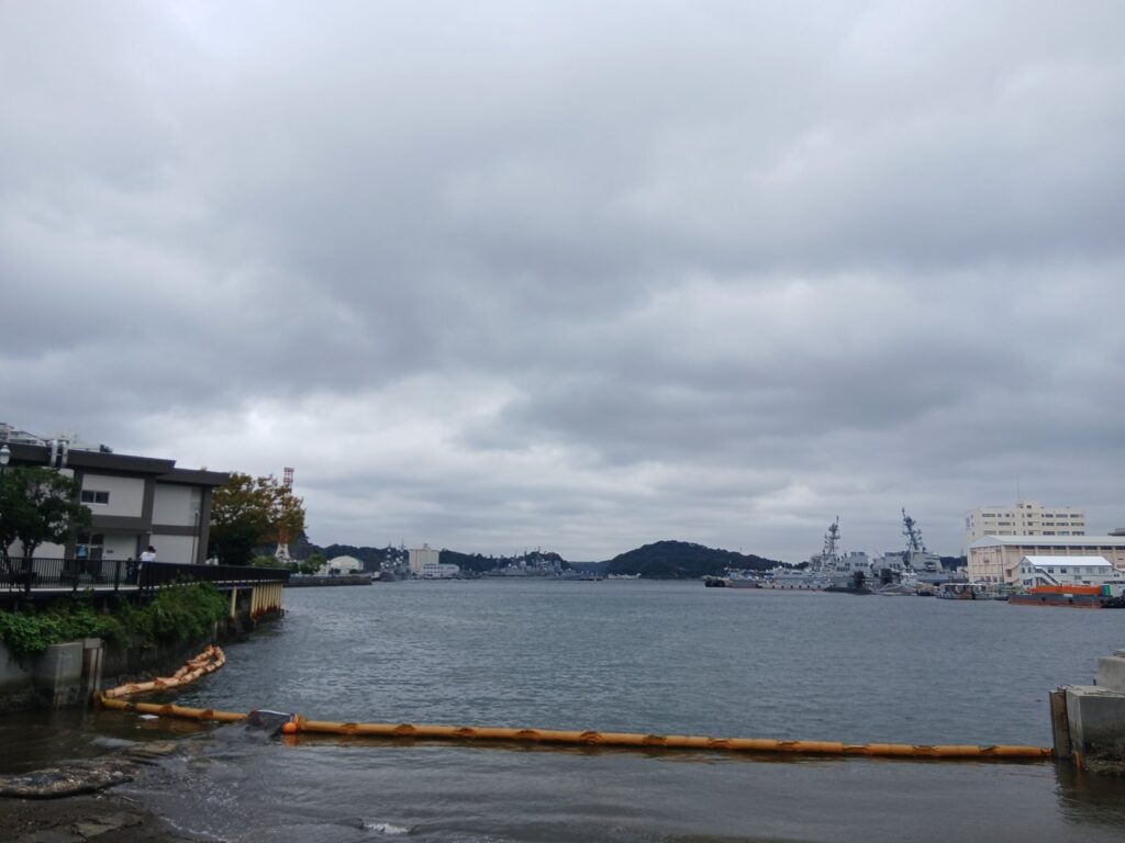 横須賀本港。曇り空の下に艦船が並ぶ