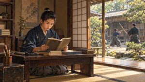 旗本屋敷で書物を読む少年時代の小栗忠順と、庭で木刀の稽古をする人々（イメージ）