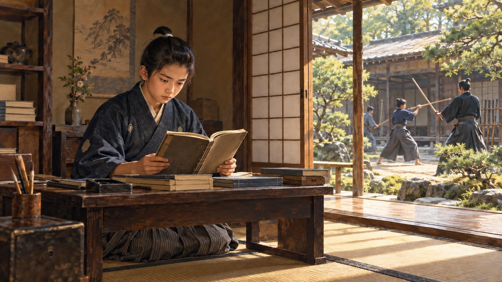 旗本屋敷で書物を読む少年時代の小栗忠順と、庭で木刀の稽古をする人々(イメージ)