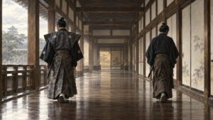 江戸城の廊下で背を向けて左右に分かれていく二人の幕臣（小栗忠順と勝海舟のイメージ）