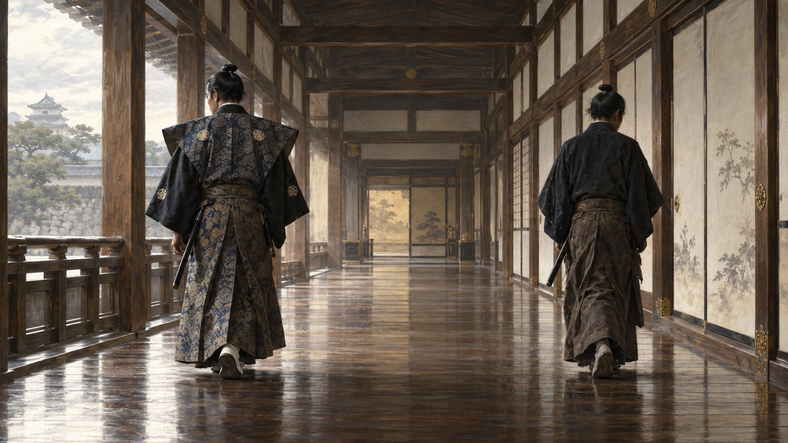 江戸城の廊下で背を向けて左右に分かれていく二人の幕臣(小栗忠順と勝海舟のイメージ)