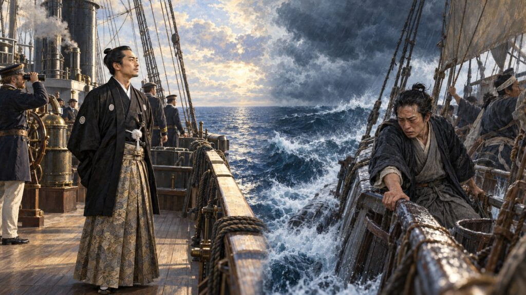 同じ太平洋でも、ポーハタン号の甲板に立つ小栗(左)と、荒波の咸臨丸で船べりにつかまる勝(右)(イメージ)