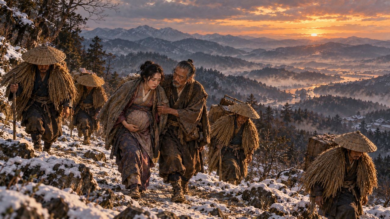 残雪の峠を越える身重の女と村人たち(イメージ)