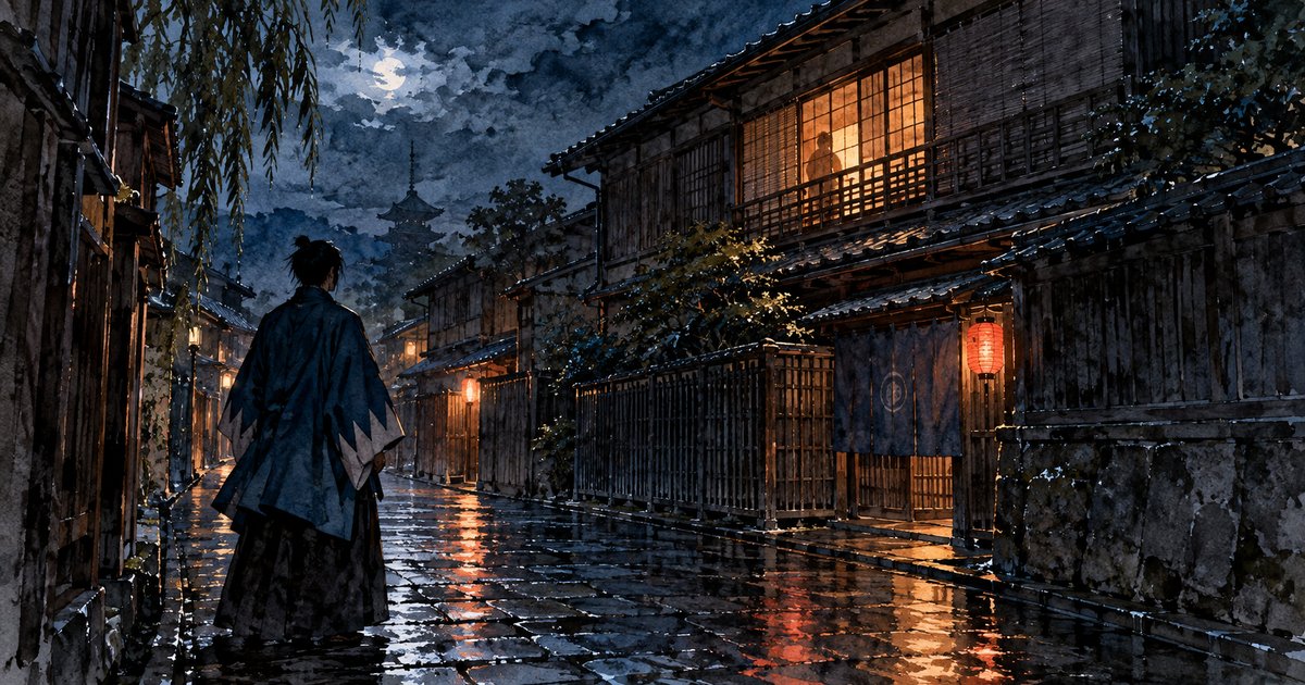 雨上がりの夜、京都の町家の二階の灯りを見上げる羽織姿の人影(龍馬暗殺と新選組のイメージイラスト)
