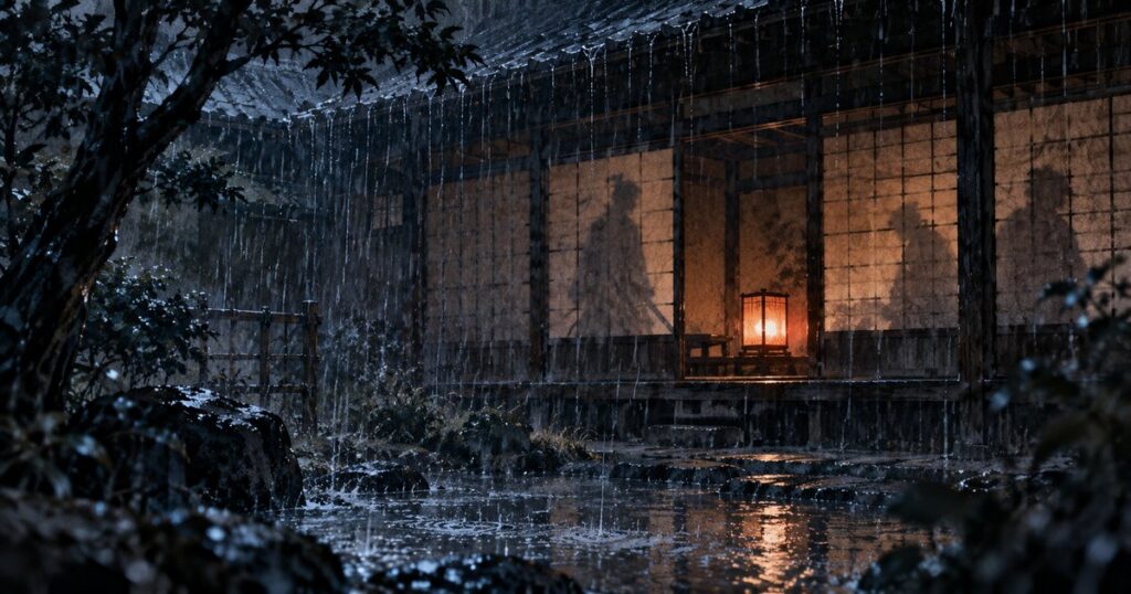 雨の夜、行灯の明かりに照らされた奥座敷の障子に映る人影（芹沢鴨と水戸派の最期のイメージイラスト）