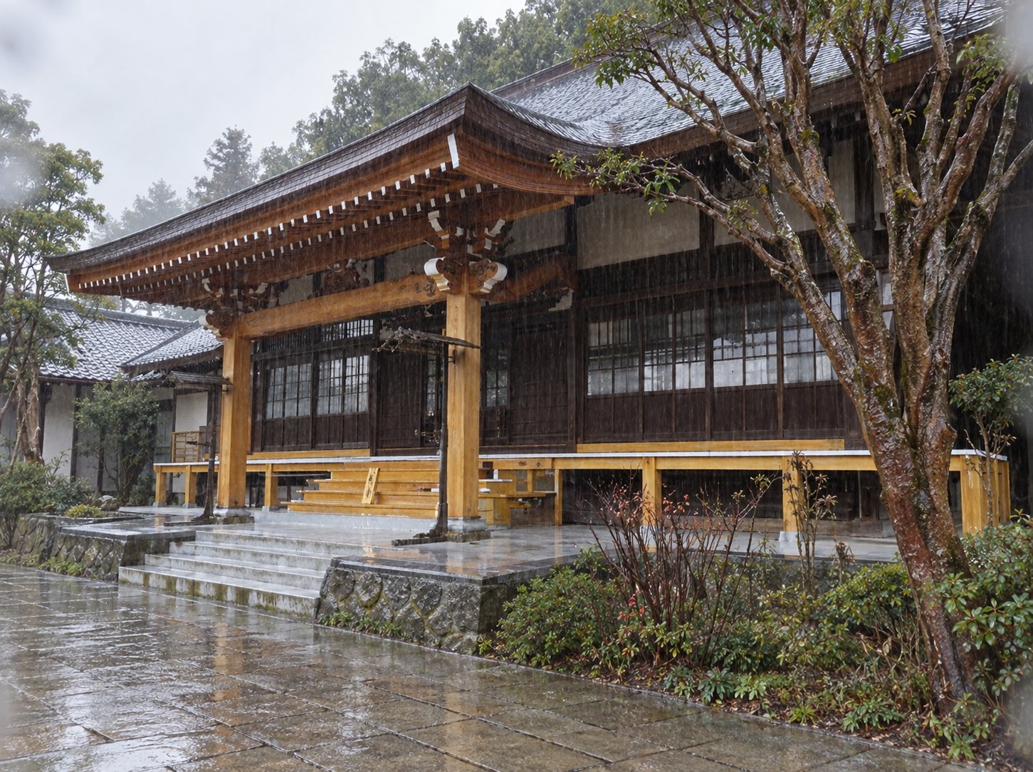 東善寺の本堂。雨の降る境内は人影がなく、向拝の柱と濡れ縁の木肌が雨に濡れて色を深くしていました