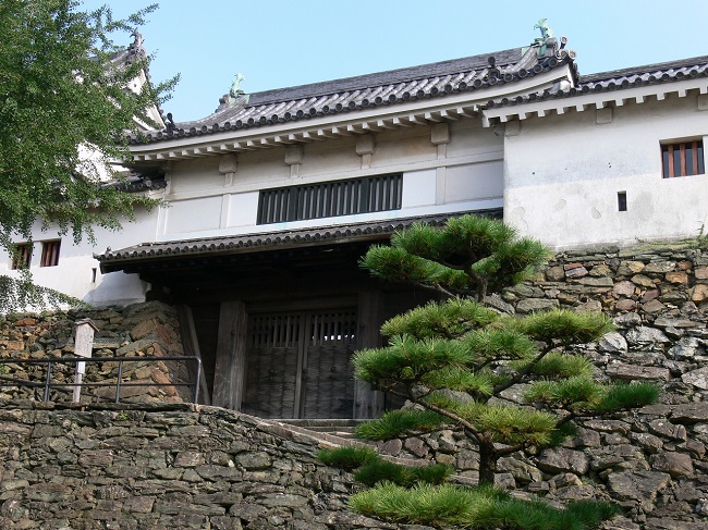 和歌山城の岡口門。石垣の上に白壁の櫓がのり、手前に松が植えられています