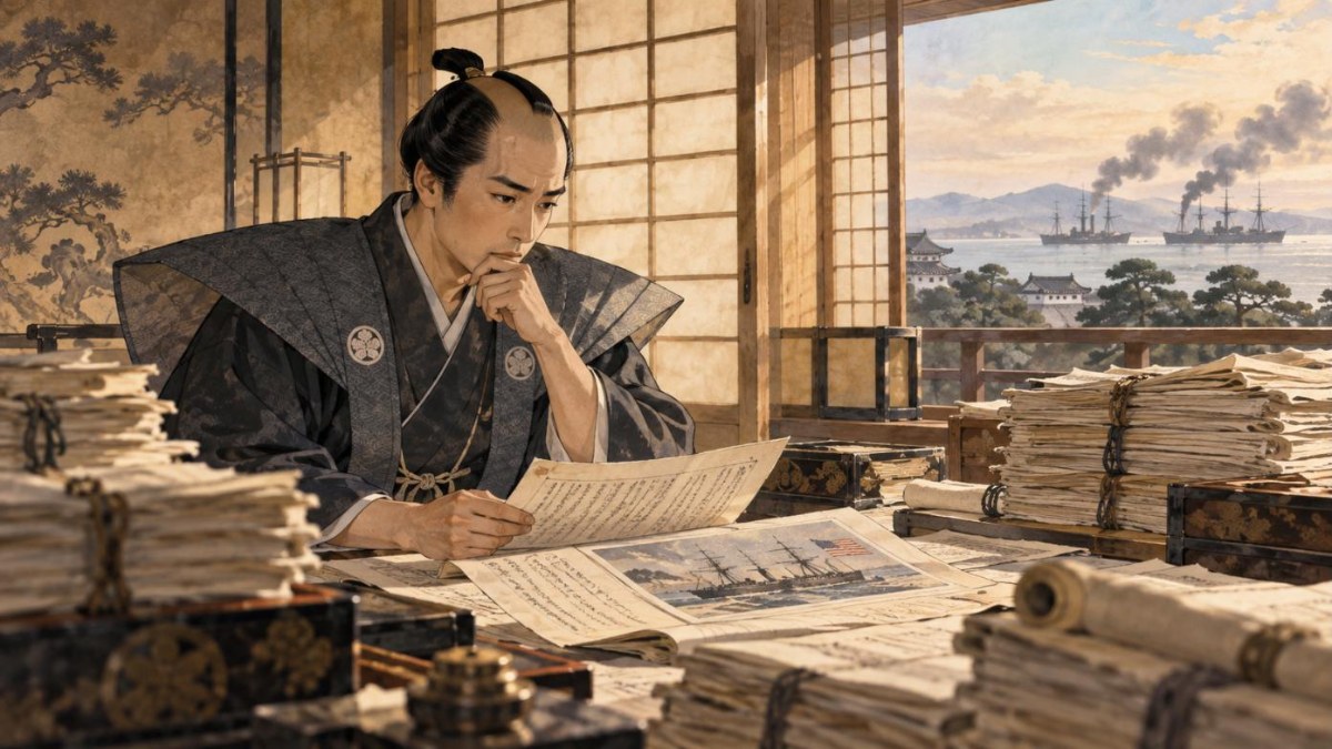 黒船来航の年、江戸城で意見書を前に考え込む老中・阿部正弘のイラスト