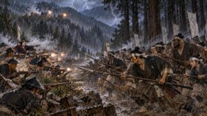 雷雨の角石原で槍を構えて斬りこむ会津兵のイメージイラスト