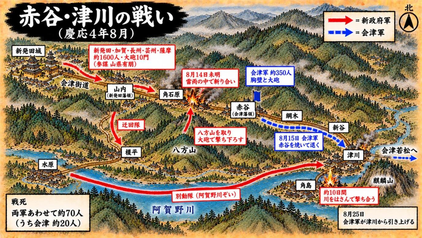 赤谷・津川の戦いの進軍図