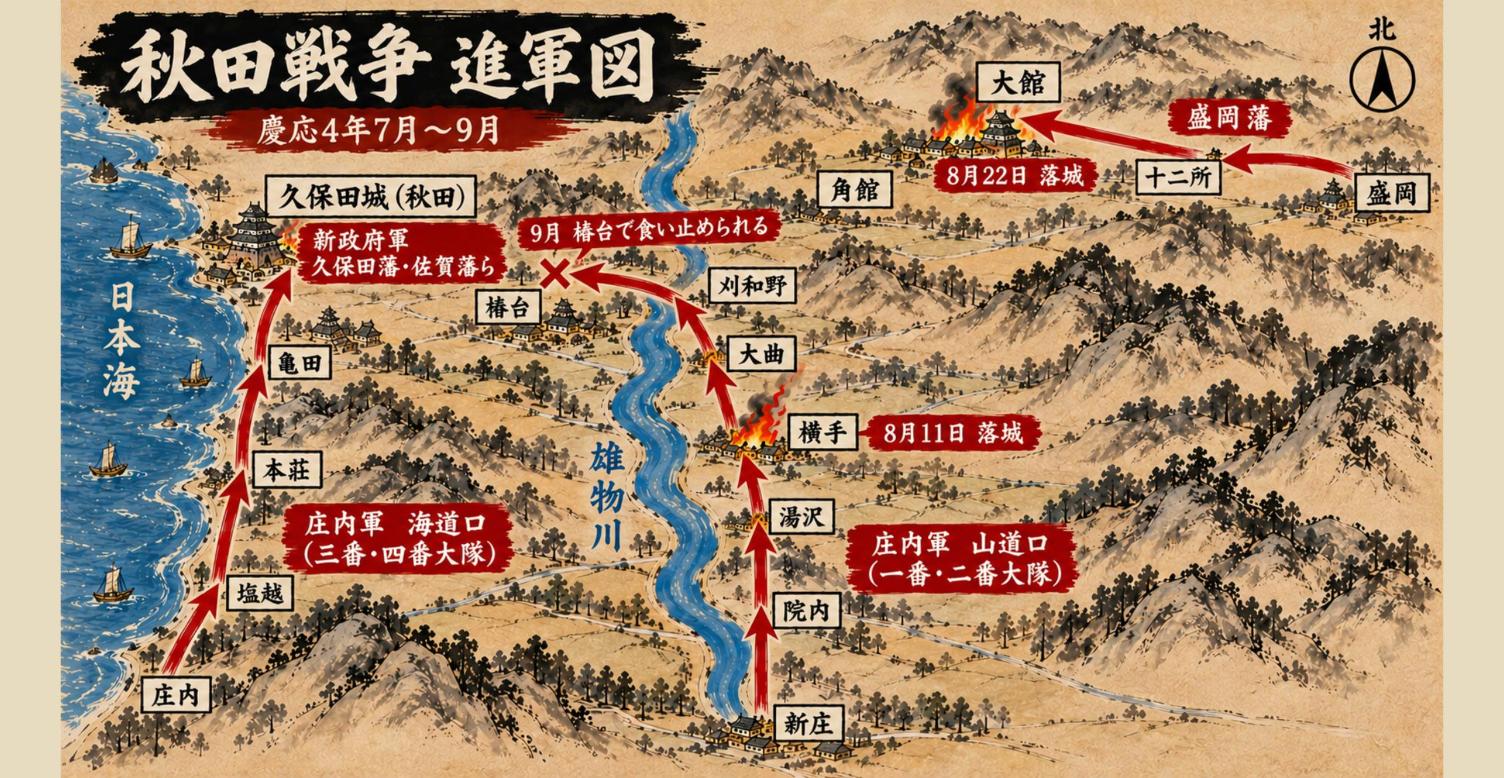 秋田戦争 進軍図(慶応4年7月〜9月)。庄内軍は山道口と海道口の二手で北上し、盛岡藩は東から大館を攻めた