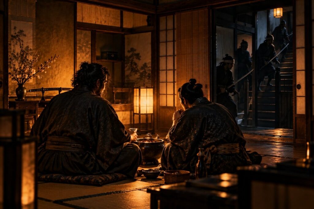 近江屋の2階、坂本龍馬暗殺の夜（イメージイラスト）