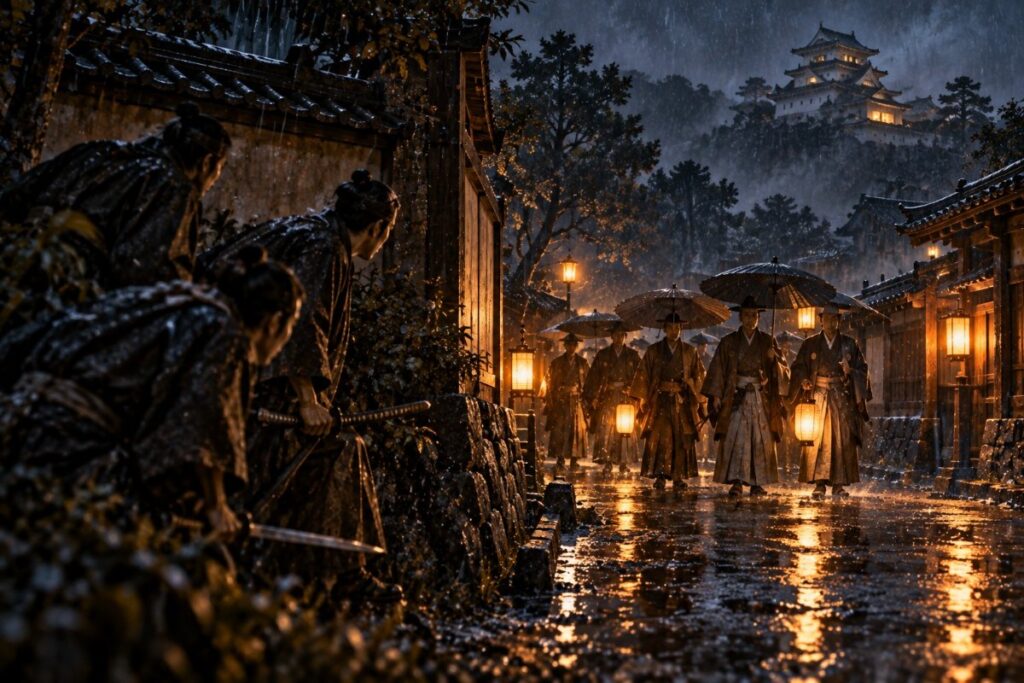 雨の夜の高知城下、吉田東洋暗殺（イメージイラスト）