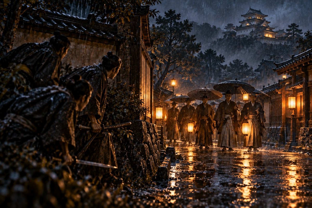 雨の夜の高知城下、吉田東洋暗殺（イメージイラスト）