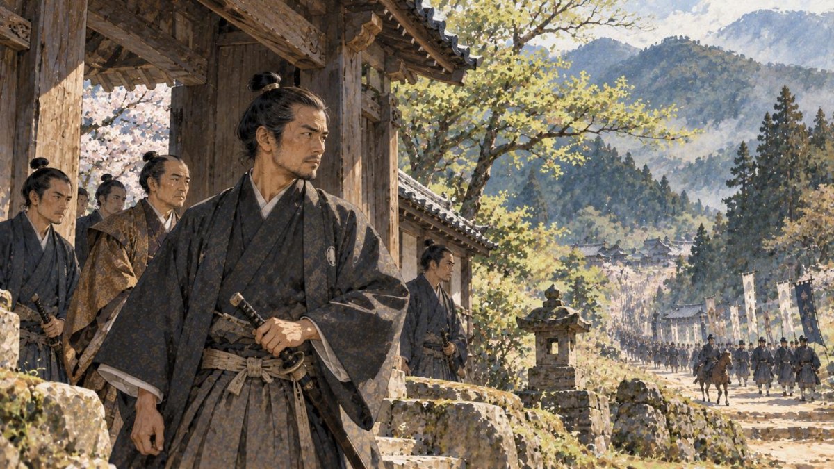 権田村の寺の山門前に立つ小栗家の家臣・荒川祐蔵のイラスト