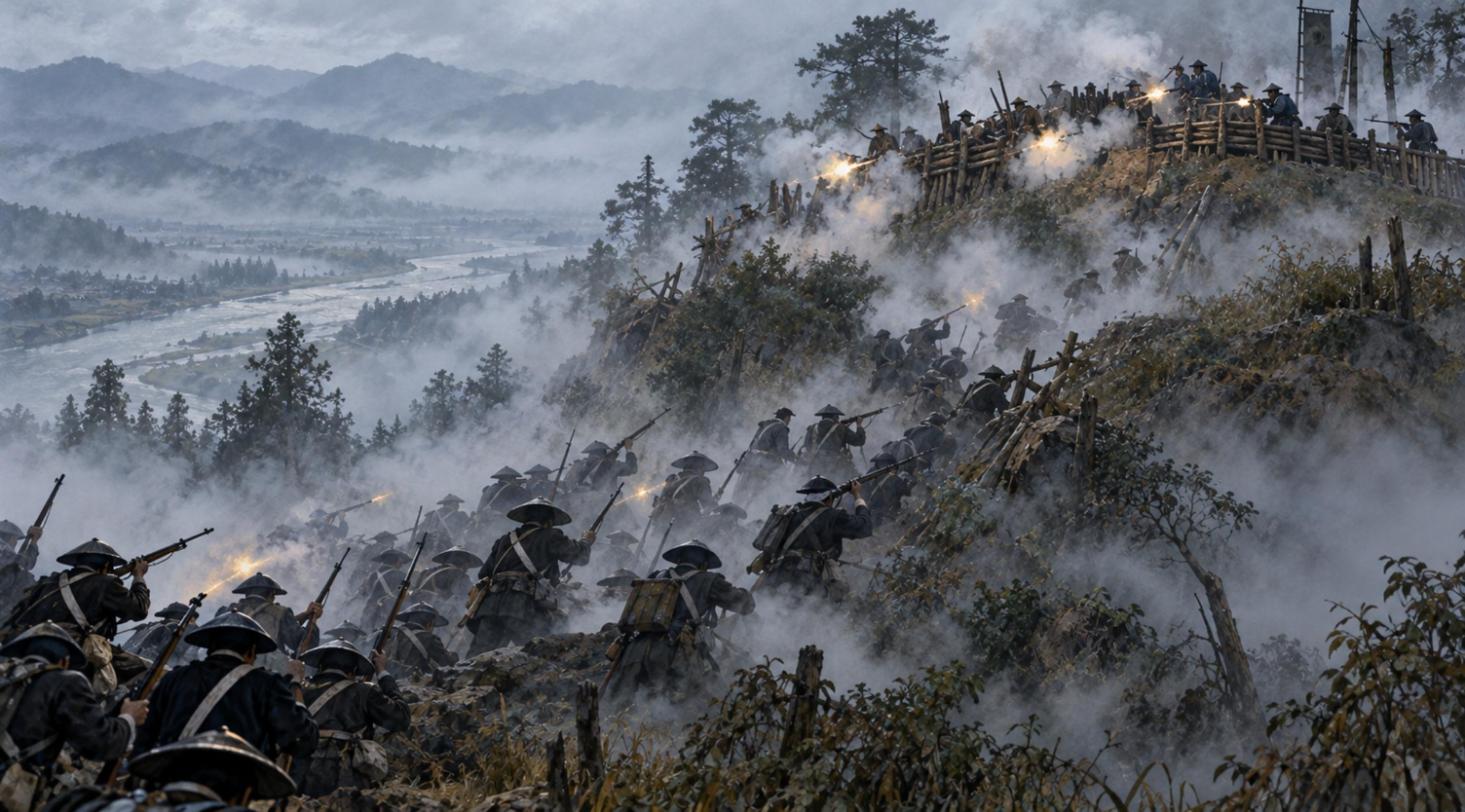 霧の朝日山を攻め上がる新政府軍と、山頂から撃ち下ろす桑名藩兵・長岡藩兵